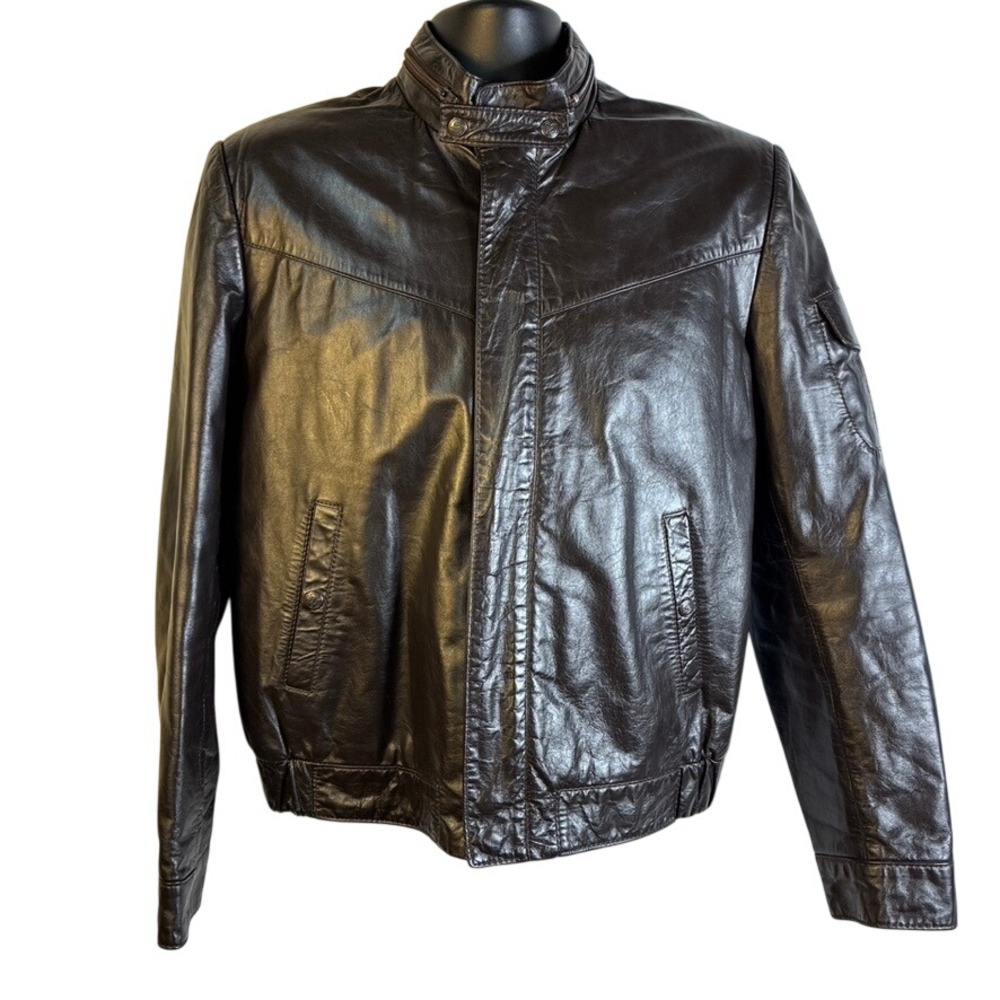 Vintage Chess King Mens Brown Leather Bomber Jacket Faux Fur Lined Size 40 Moto‎